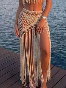 Swim SXY Women's Solid Color Tassel Design Hollow Out Casual Vacation Cover Up Skirt - Apricot - View 3