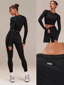 GLOWMODE Second-Skin Seamless Training Day Cropped Long Sleeve Training Top With Side Ruching & Ribbed Cuffs Training Workout Gym Fitness Fall Wear - Black - View 9