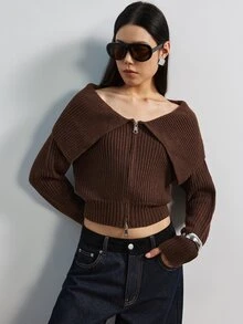 MERLEAU Women's Modern Brown Open Front Knit Top - Brown - View 7