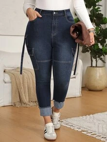 EMERY ROSE Plus Size Casual Washed Slim Fit Cargo Jeans,High-Waisted Cargo Jeans,Rolled Cuff Hem,Cropped Ankle Length,Everyday Casual,Halloween,Christmas - Blue - View 3