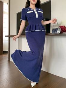 Modelyn Elegant Commuter Short Sleeve Sweater & Knit Skirt 2 Pieces Set - Blue - View 3