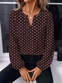 SHEIN LUNE 休閒簡約女款V領棕色波點襯衫，適合秋季 - 彩色 - 查看 5