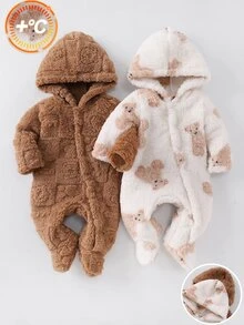 2pcs Newborn Home Romper Set, Soft Cotton Fleece, Hooded Design, Front Zipper For Easy Dressing, Full Foot Coverage, Bear Print + Plush Jacquard, Home & Outdoor Wear, 2 Colors Available - Multicolor - View 7