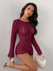 SHEIN PETITE 女款性感純色鏤空露背針織連身褲 秋冬款 - 酒紅色 - 查看 3