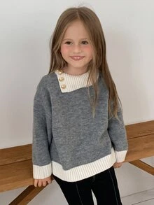 DAZY Young Girl) Colorblock Collar Long Sleeve Autumn/Winter Grey Design Sweater - Grey - View 7