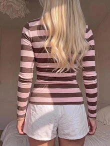 CovetEZ 女款混紡多巴胺粉色條紋半拉鍊T恤，秋冬風格，粉色上衣，適合日常通勤、約會、派對、秋冬、夏季、派對、婚禮、海灘、畢業典禮等場合，優雅休閒，適合外出、Y2K風格、音樂節等場合，女款秋冬服飾與返校季 - 彩色 - 查看 2