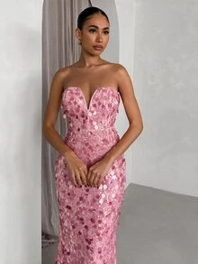 SHEIN Glamour 女款亮片時尚約會派對抹胸洋裝 - 粉色 - 查看 5