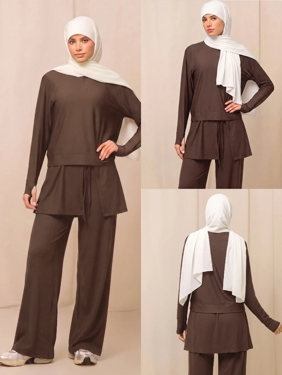 SHEIN With My Calm Dark Brown 2 In 1 Layered Muslim Sports Set, Thumbhole Long Sleeve Top With Drawstring Wide Leg Pants, Middle East Modest Yoga Fitness Outfit - Coffee Brown - View 1