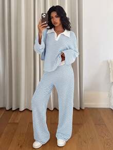 Siren Gaze Women's Autumn Casual Striped Top And Pants 2 Pieces Set - Baby Blue - View 3