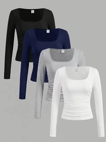 Kids Tween Girls Autumn/Winter White Black Grey Blue Neck Long Sleeve Knitted Fitted Multi-Color Versatile All-Match Minimalist Layer T-Shirt 4pcs Set - Multicolor - View 1