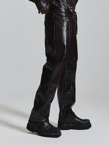 Musero Pleated Straight Leg P.U Trousers Co Ord Trousers Only Autum Winter Essentials - Burgundy - View 3