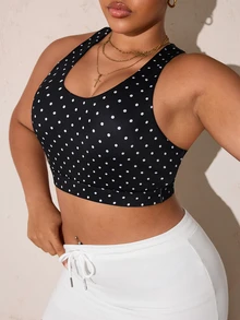 SHEIN Rhythm Era Bra Olahraga Ukuran Plus dengan Desain Leher U dan Bagian Belakang Berlubang Silang - Hitam - View 6