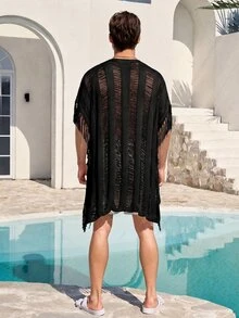 Ironwick 歐美新款時尚設計純色慵懶度假休閒流蘇開襟男士波希米亞沙灘襯衫 - 黑色 - 查看 2