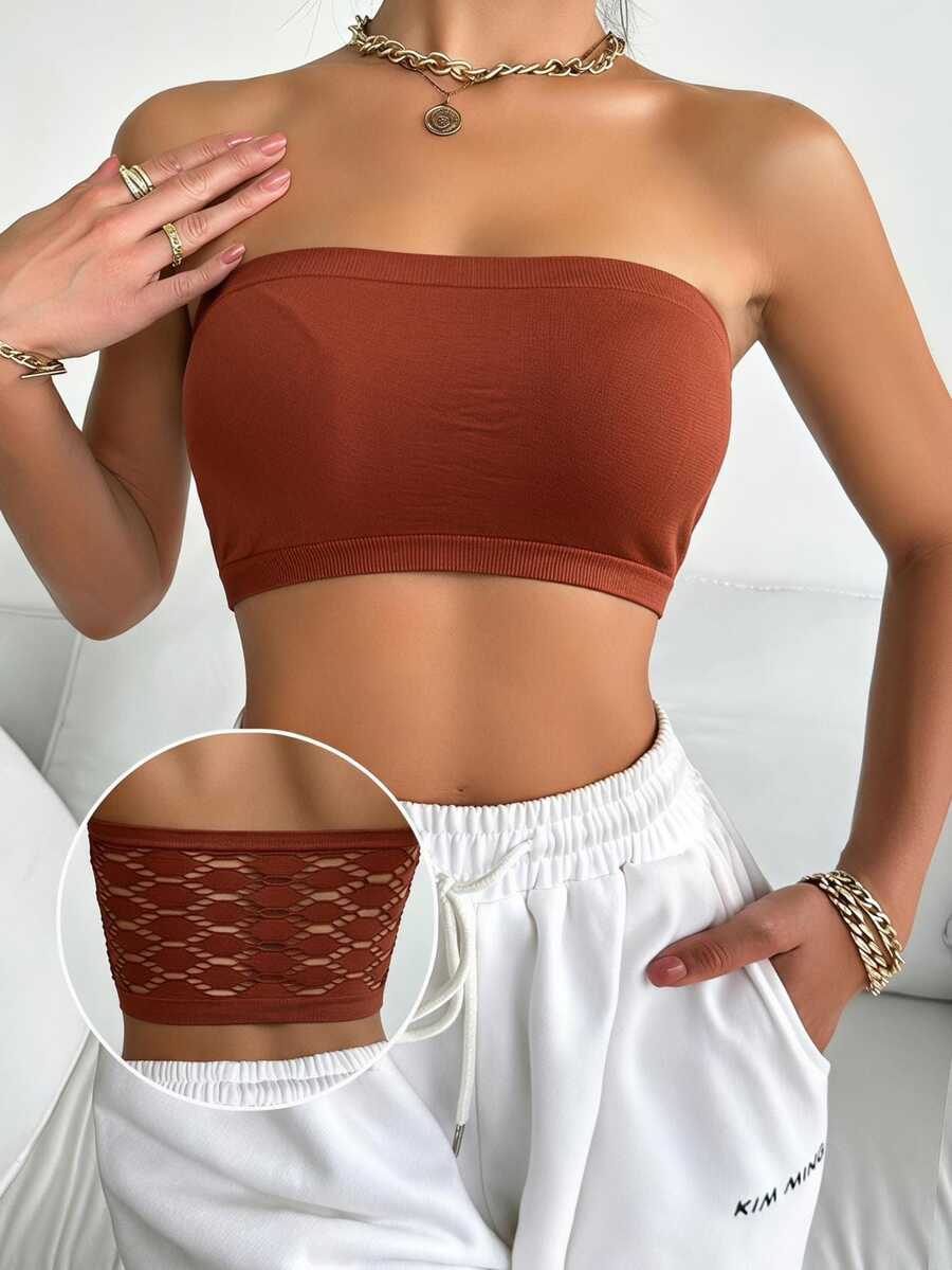 SHEIN 1件女款純色無肩帶舒適無縫內衣 - 紅木色 - 查看 1