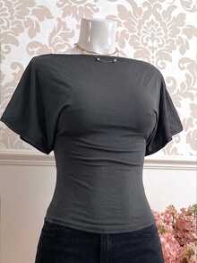 Collagica Collagica Women's Solid Color Elegant Fitted T-Shirt, Off-Shoulder Batwing Sleeve Slim Fit, Dark Gray, Spring/Summer Style, Y2Y, Casual Comfortable Summer Design, Casual Short Sleeve, Fashionable Comfortable, Cold Shoulder Neckline Design - Dark Grey - View 1