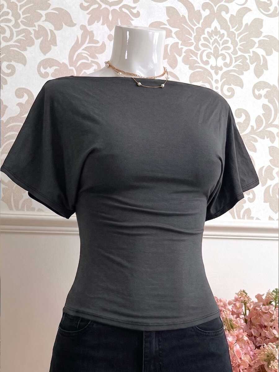 Collagica Collagica Women's Solid Color Elegant Fitted T-Shirt, Off-Shoulder Batwing Sleeve Slim Fit, Dark Gray, Spring/Summer Style, Y2Y, Casual Comfortable Summer Design, Casual Short Sleeve, Fashionable Comfortable, Cold Shoulder Neckline Design - Dark Grey - View 1
