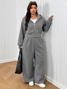 SHEIN EZwear Plus Size Women Solid Color Long Sleeve Zipper Front Hooded Sweatshirt And Sweatpants Casual 2 Pieces Set Fall - Grey - View 3