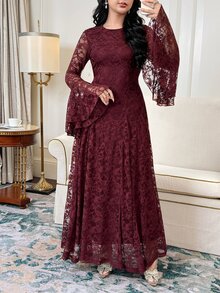 Feyla Women's Round Neck Flare Sleeve Elegant Lace Dress - Red - View 6
