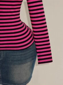 SHEIN ICON Women's Plus Size Autumn/Winter Contrast Lace Black & Grey Striped Slim Fit T-Shirt Fall - Multicolor - View 6
