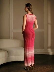 MOTF PREMIUM RED GRADIENT STRIPED PATTERN SLEEVELESS FITTED SWEATER DRESS - Red - View 3