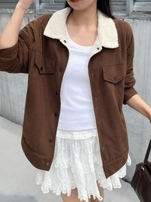 FRIFUL Women's Street Fashion Button Long Sleeve Pocket Jacket Winter - Coffee Brown - View 8