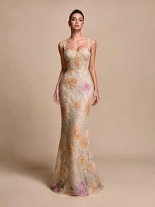 Glamine Floral Sequin Mesh Elegant Evening Dress - Apricot - View 1