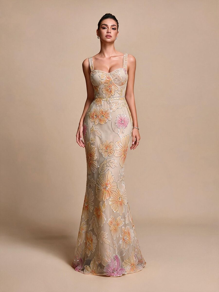 Glamine Floral Sequin Mesh Elegant Evening Dress - Apricot - View 1