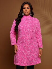 BrightlyHer Plus Size Hot Pink Textured Button Front Jacquard Stand Collar Long Sleeve Jacket Fall Winter 2026 - Hot Pink - View 7