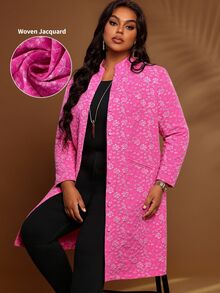 BrightlyHer Plus Size Hot Pink Textured Button Front Jacquard Stand Collar Long Sleeve Jacket Fall Winter 2026 - Hot Pink - View 4