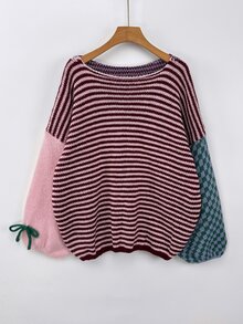 Sunspun Plus Size Women's Striped Crew Neck Dropped Shoulder Long Sleeve Casual Pullover Sweater - Multicolor - View 3