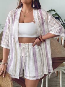 SHEIN VCAY Plus Size Women's Blue & White Striped Knit Shirt & Shorts 2 Pieces Set, Summer Vacation - Multicolor - View 4