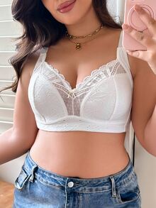 SHEIN 1pc All White Floral Lace Plus Size Wireless Bra Bridal Wedding Autumn Sexy - White - View 3