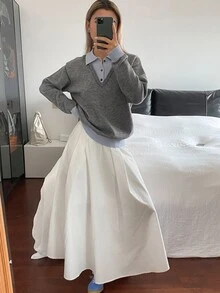 DAZY Women's Colorblock 2 In 1 Letter Embroidered Loose Long Sleeve Polo Collar Casual Vacation Autumn/Winter Sweater - Grey - View 3