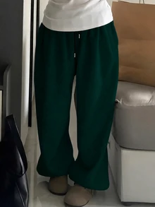 SHEIN 女款素色休閒百搭日常穿著寬腿運動長褲 - 墨綠色 - 查看 3