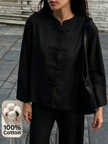 SHEIN Kemeja Kasual Vintage Lengan Panjang Kancing Katak Warna Polos untuk Wanita - Hitam - View 3