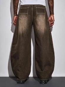 ROMWE MEN Casual بنطلون جينز رجالي مقاس كبير بنمط متقاطع وجيوب وساق واسعة فضفاض كاجوال - لون نحاسي - مشاهدة 3