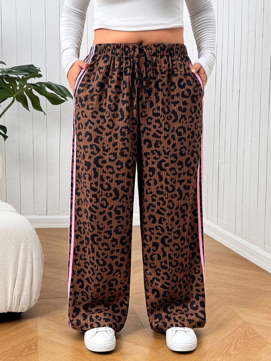 SHEIN EZwear Plus Size Leopard Print Color Block Striped Pants - Multicolor - View 1