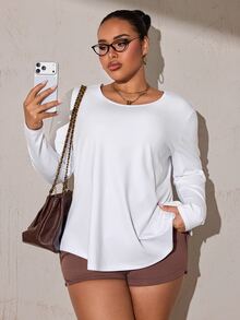 Easithlete Sweatshirt Lengan Panjang Kerah Bulat Motif Geometris Patchwork Belakang untuk Wanita Ukuran Plus - Putih - View 5