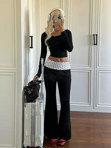 CovetEZ Women's Solid Color Long Sleeve Top And Pants Casual Daily 2 Pieces Set - Black and White - View 6