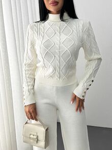 SHEIN Cable Knit Cropped Cardigan – Soft Chunky Button Front Cozy Sweater For Women - White - View 3
