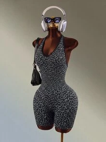 Mistrie Jumpsuit Olahraga & Kebugaran Tanpa Jahitan Tanpa Lengan dengan Leher Halter Motif Leopard Abu-abu - Dark Grey - View 7