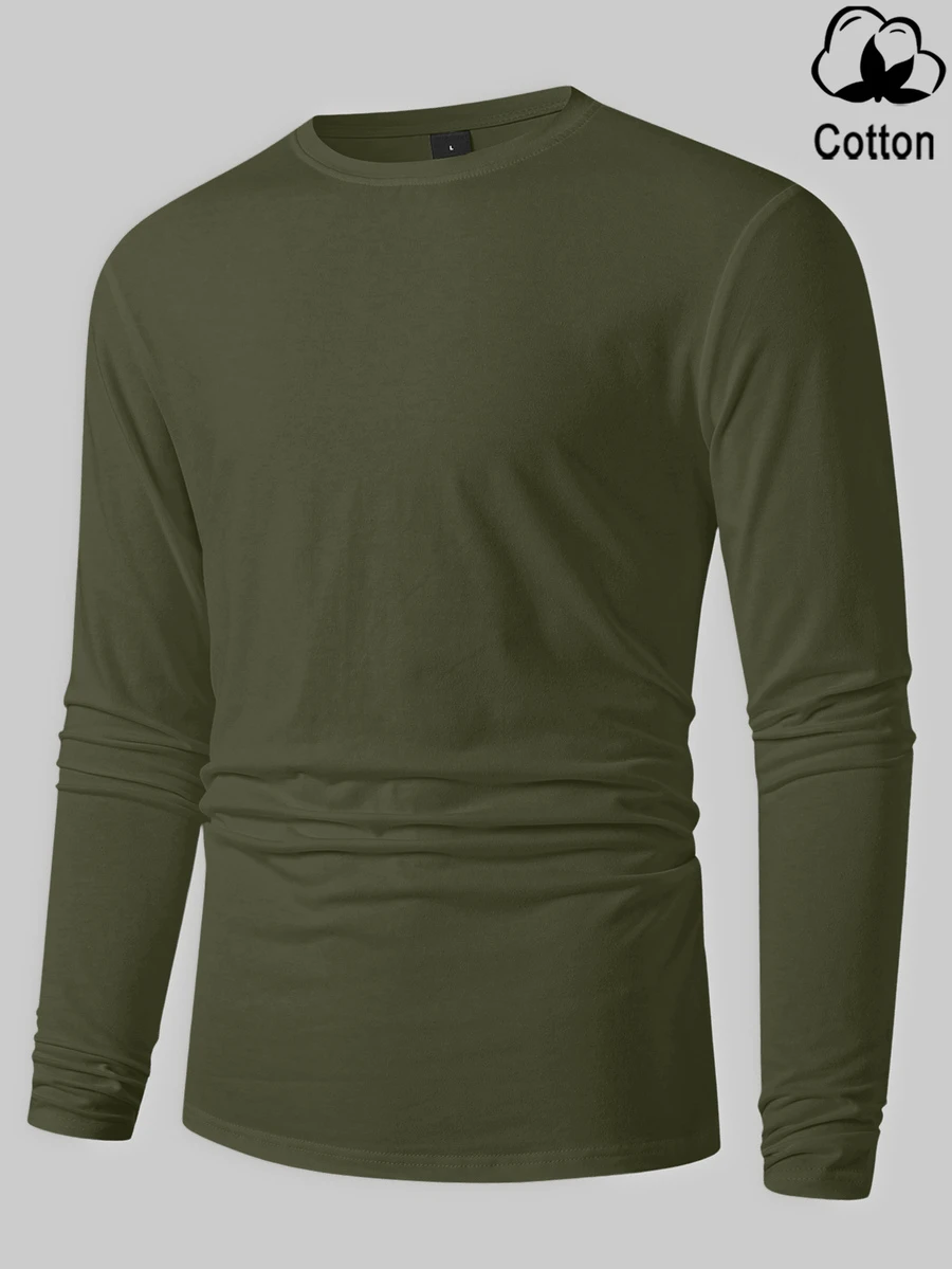 Manfinity Homme Men's Autumn Casual Versatile Solid Color Long Sleeve T-Shirt - Army Green - View 1