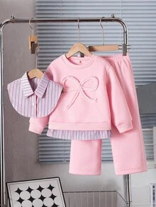 Genkimix Kids 少女款 2 件套抓絨內裡套裝，條紋假領衛衣配 3D 蝴蝶結裝飾與鬆緊腰寬腿褲，可愛粉色休閒穿搭 - 粉色 - 查看 3