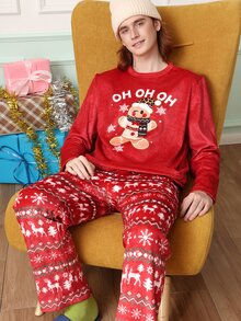 Chillnights Christmas Cartoon Cute Gingerbread Man Striped Flannel Men's Loungewear Set - Multicolor - View 3
