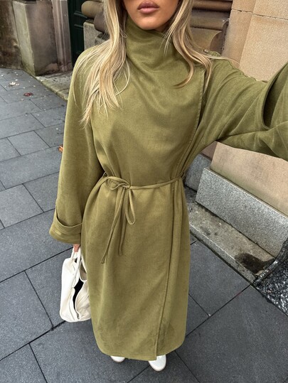 Aloruh Damen Herbst/Winter Neue Olivgrüne Elegante Minimalistische Lässige Vintage Faulheit Tägliche Pendeln Street Style Date Treffen Lange Wildlederjacke Mit Stehkragen Und Bindedetail