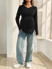 SHEIN Maternity Casual Solid Color Asymmetric Hem T-Shirt For Autumn - Black - View 6