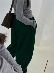 SHEIN 女款素色休閒百搭日常穿著寬腿運動長褲 - 墨綠色 - 查看 2