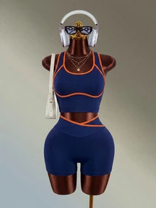 Mistrie 1 Set Navy Blue Orange Contrast Trim Racerback Sports Set, Adjustable Straps, Cross Waist Shorts, Slim Fit, For Yoga Fitness Workout Summer - Navy Blue - View 9