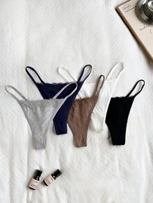 Napfluff Women's Lace Patchwork Thong Panties 5pcs/Pack - Multicolor - View 3