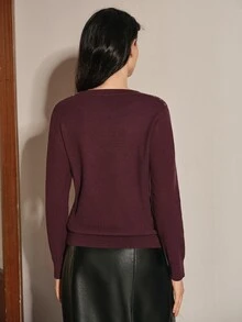 Anewsta Desain Busana Mewah Musim Gugur/Dingin Prancis, Sweater Rajut Leher Bulat Elegan dan Canggih Gaya Sosialita untuk Pesta Malam, Berhiaskan Berlian Imitasi Bintang yang Mewah dan Mewah - Burgundy - View 6